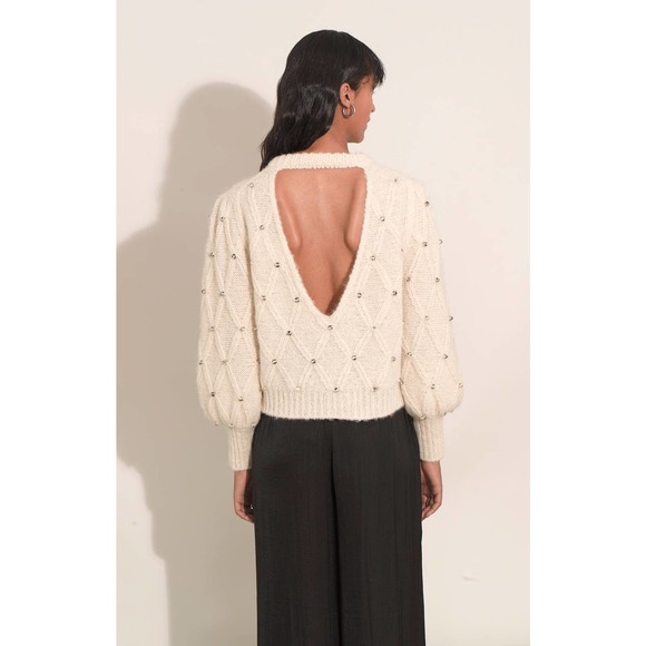 Eleven Six Zaria Ivory Beaded Baby Alpaca Knit V Keyhole Back Crewneck Sweater - Picture 2 of 7